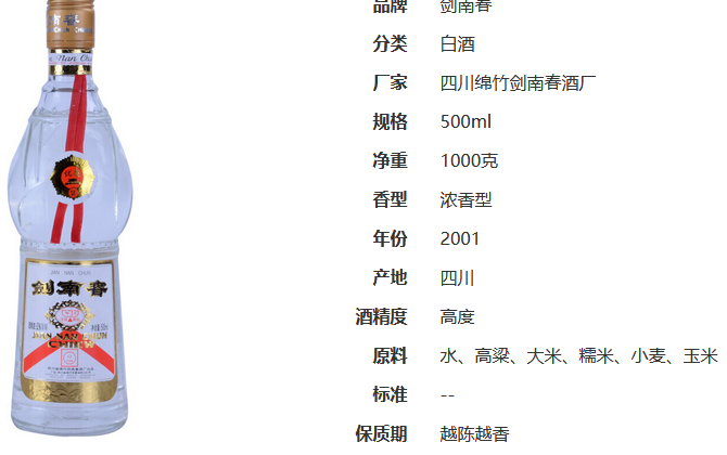 2001年劍南春52度多少錢一瓶 2001年劍南春52度圖片價格