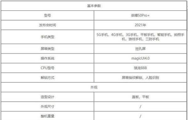 荣耀50pro参数配置荣耀50pro参数详细参数