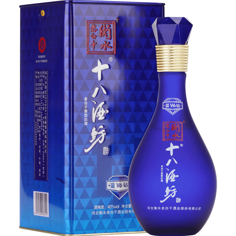 河北省衡水老白干十八酒坊藍(lán)鉆V6口感干香型40度白酒480ml單瓶裝